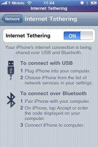 iPhone Tethering settings screen