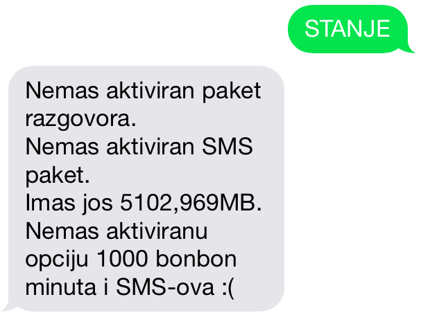 BonBon data plan usage STANJE Nemas aktiviran paket razgovora. Nemas aktiviran SMS paket. Imas jos 5102,969MB. Nemas aktiviranu opciju 1000 bonbon minuta i SMS-ova :(